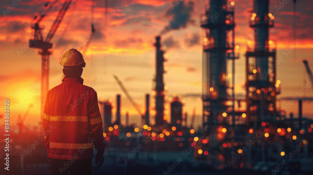 Engineer Observing Industrial Site at Sunset Engineer Observing Industrial Site at Sunset