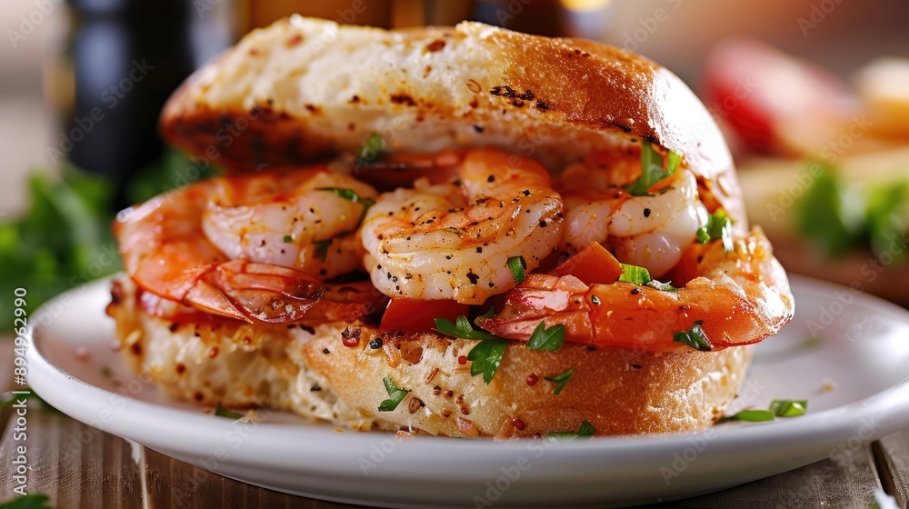 Shrimp sandwich on white plate Shrimp sandwich on white plate