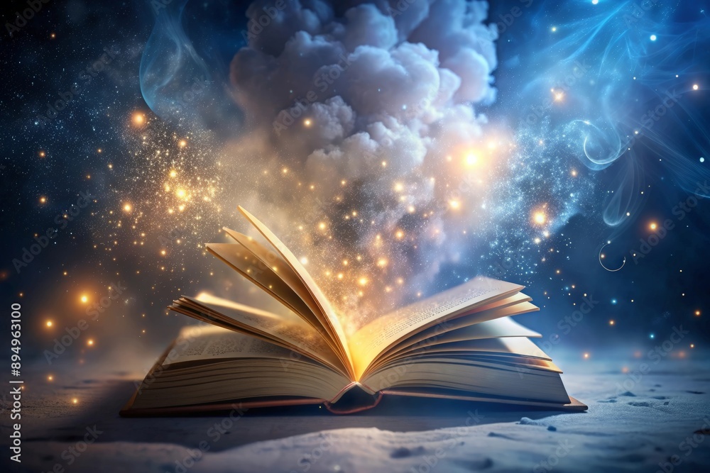 Book seemingly floating in mid air surrounded my magical dust Book seemingly floating in mid air surrounded my magical dust