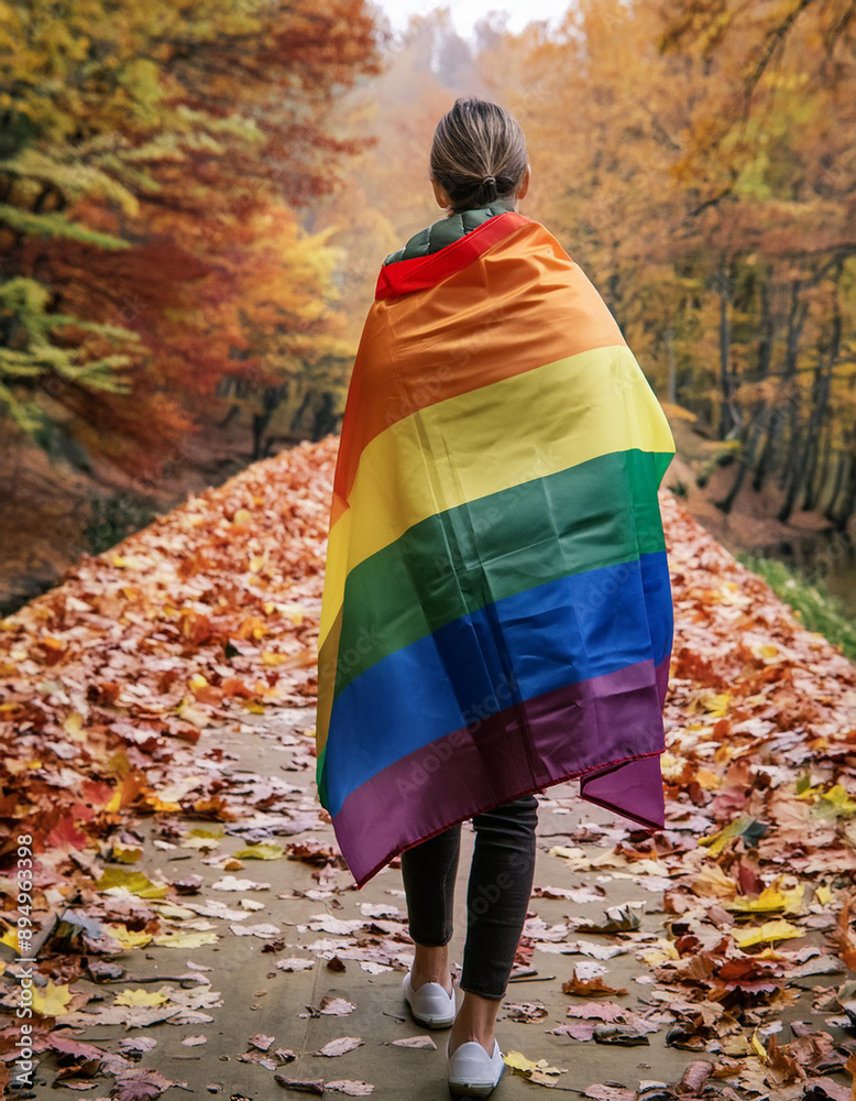 a person walking along a path covered with autumn leaves. with the LGbtq+ flag a person walking along a path covered with autumn leaves. with the LGbtq+ flag