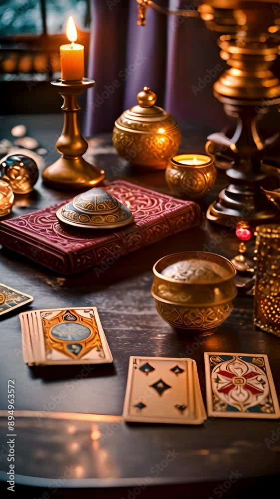 Fortune-telling divinatory attributes on table iattracting happiness, glowing candles, crystal ball and tarot cards. Vertical. Fortune-telling divinatory attributes on table iattracting happiness, glowing candles, crystal ball and tarot cards. Vertical.