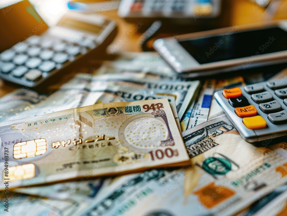 A close-up of a financial planner's desk with yen notes, credit cards, and a strategic planning notebook, symbolizing credit management A close-up of a financial planner's desk with yen notes, credit cards, and a strategic planning notebook, symbolizing credit management
