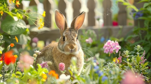 Bunny in bloom. A charming scene of a brown bunny exploring a vibrant flower garden, capturing the joy of nature and the beauty of springtime.