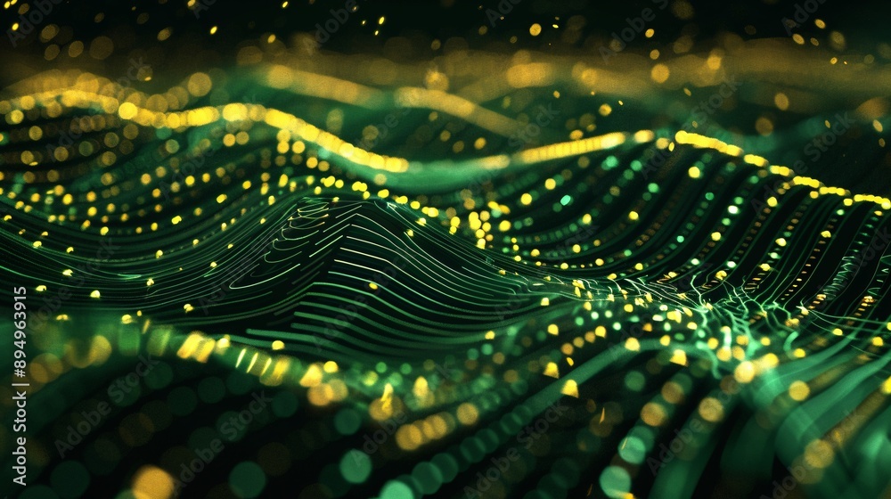 A futuristic photo of a device object with yellow and green digital lights growing across its surface. The vibrant, glowing lines create an intricate pattern, highlighting advanced technology and A futuristic photo of a device object with yellow and green digital lights growing across its surface. The vibrant, glowing lines create an intricate pattern, highlighting advanced technology and