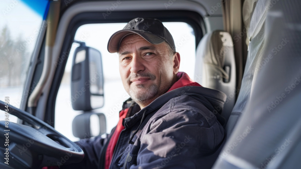 Truck driver smiling inside the cabin of his vehicle, ready for a long journey. The winter landscape can be seen through the window. Truck driver smiling inside the cabin of his vehicle, ready for a long journey. The winter landscape can be seen through the window.