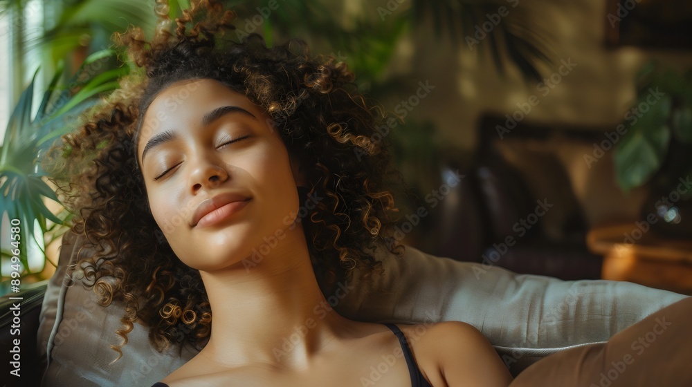 Young woman with black curly hair relaxing with her eyes closed Young woman with black curly hair relaxing with her eyes closed