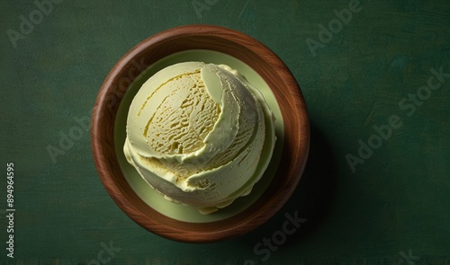 One rounded scoop pista ice cream wooden bowl, top view on green background, photorealistic no cone
