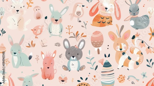 Wallpaper Mural A whimsical pattern of cute animals with various accessories on a pastel background, Playful, Soft colors, Digital illustration, creating an adorable and lighthearted design Torontodigital.ca