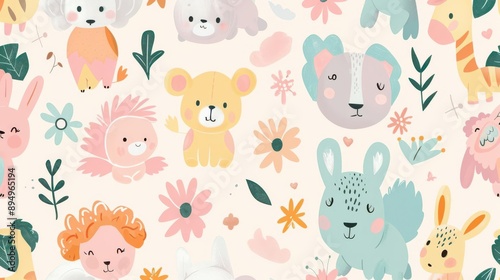 Wallpaper Mural A whimsical pattern of cute animals with various accessories on a pastel background, Playful, Soft colors, Digital illustration, creating an adorable and lighthearted design Torontodigital.ca