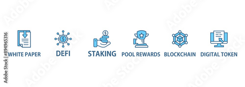 Gamefi banner web icon set vector illustration concept with icon of defi, white paper, play to earn, digital token, nft, blockchain, pool rewards and staking