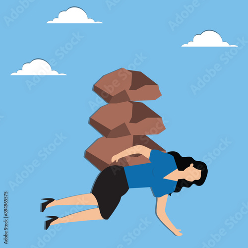 Burden, obligation to pay off, heavy stress problem or difficulty, work pressure thinking to make decision, overload duty or overthinking concept, businesswoman thinking with heavy burden boulder rock
