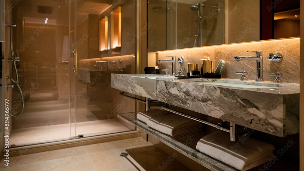 Elegant hotel bathroom with glass shower and marble countertops Elegant hotel bathroom with glass shower and marble countertops