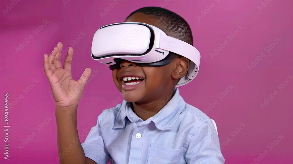Boy Wearing Virtual Reality Headset Smiles on Pink Background Boy Wearing Virtual Reality Headset Smiles on Pink Background