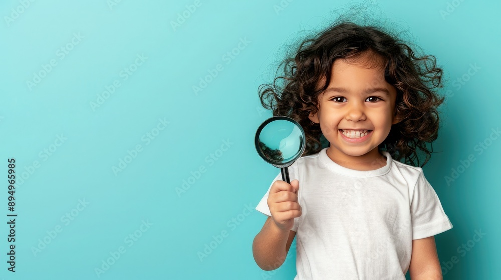 Young Girl Holding Magnifying Glass Against Blue Background Young Girl Holding Magnifying Glass Against Blue Background