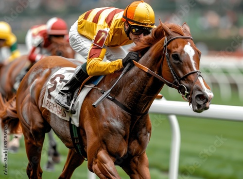 Racehorse in Full Gallop: A majestic thoroughbred horse, ridden by a jockey in vibrant yellow and red silks, bursts from the starting gate,. photo