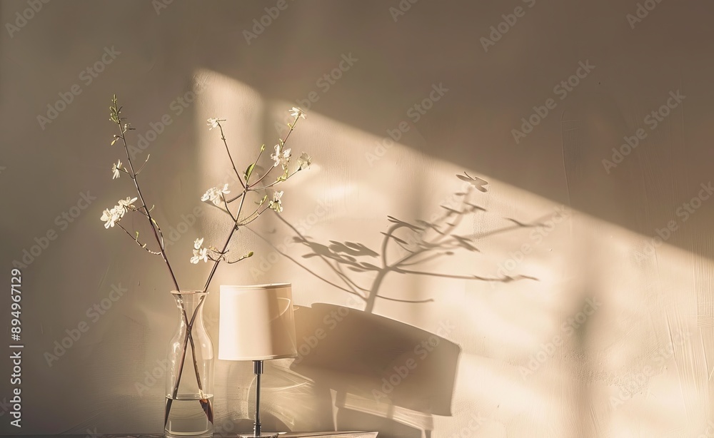 Flower in vase and light lamp on table. Minimalist interior design. Flower in vase and light lamp on table. Minimalist interior design.