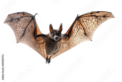 Flying Pipistrelle bat action shot of hunting animal transparent background or PNG file. This species is know for roosting and living in urban areas in Europe and Asia. photo