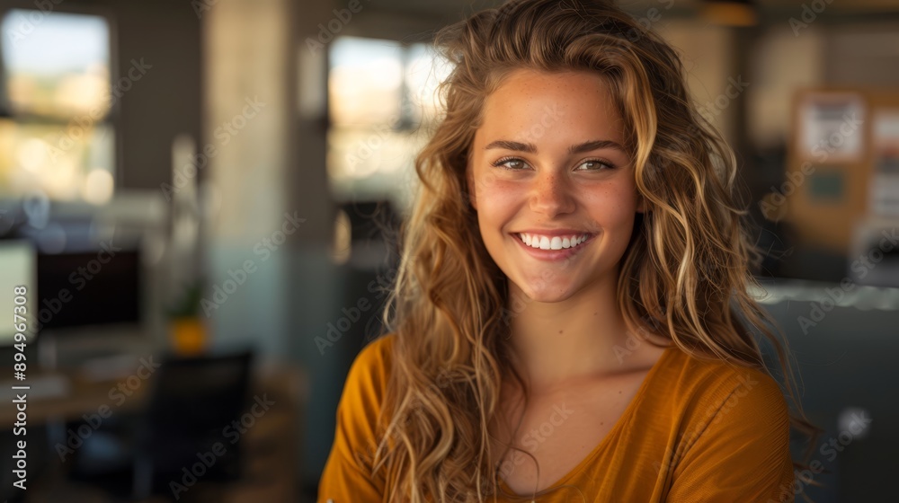 Fototapeta premium a smiling new generation employee, standing in front of a stylish and cozy workspace with comfortable seating, motivational posters, and a collaborative environment.