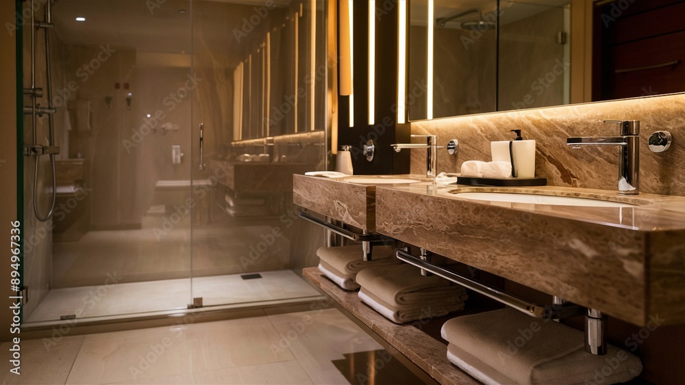 Elegant hotel bathroom with glass shower and marble countertops Elegant hotel bathroom with glass shower and marble countertops