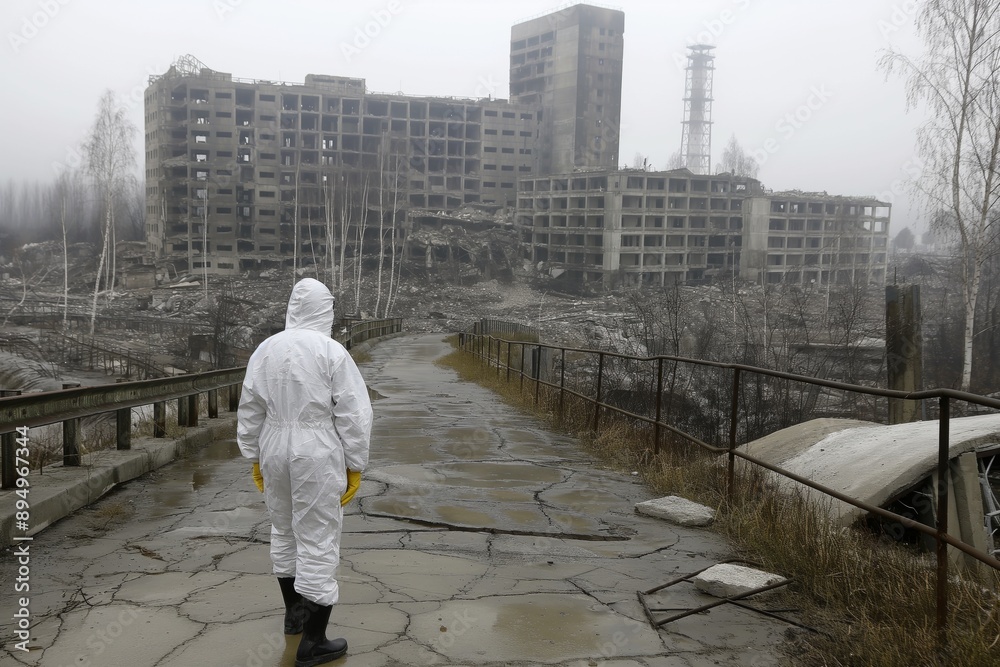 Person in hazmat suit exploring abandoned ruins Person in hazmat suit exploring abandoned ruins