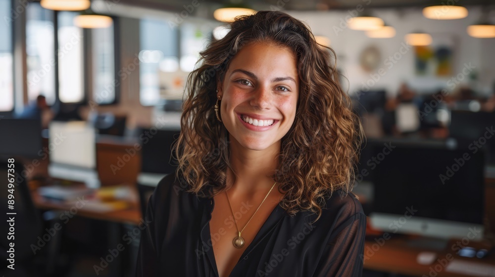 a smiling new generation employee, standing in front of a stylish and cozy workspace with comfortable seating, motivational posters, and a collaborative environment.