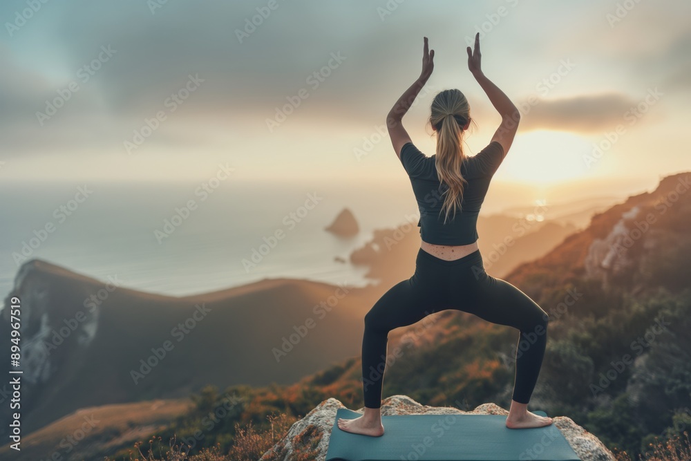 Woman in Yoga Pose on Cliff at Sunset Woman in Yoga Pose on Cliff at Sunset