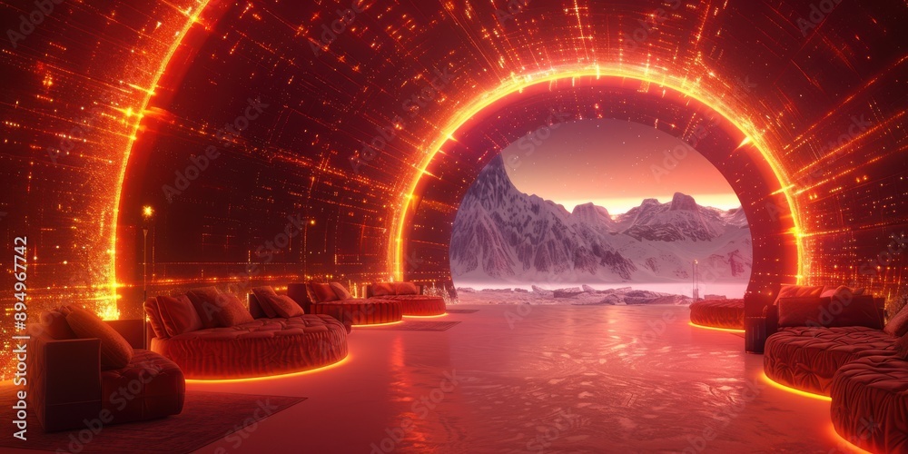 A stunning futuristic lounge with glowing red-orange lighting creating an inviting yet otherworldly ambiance. A stunning futuristic lounge with glowing red-orange lighting creating an inviting yet otherworldly ambiance.