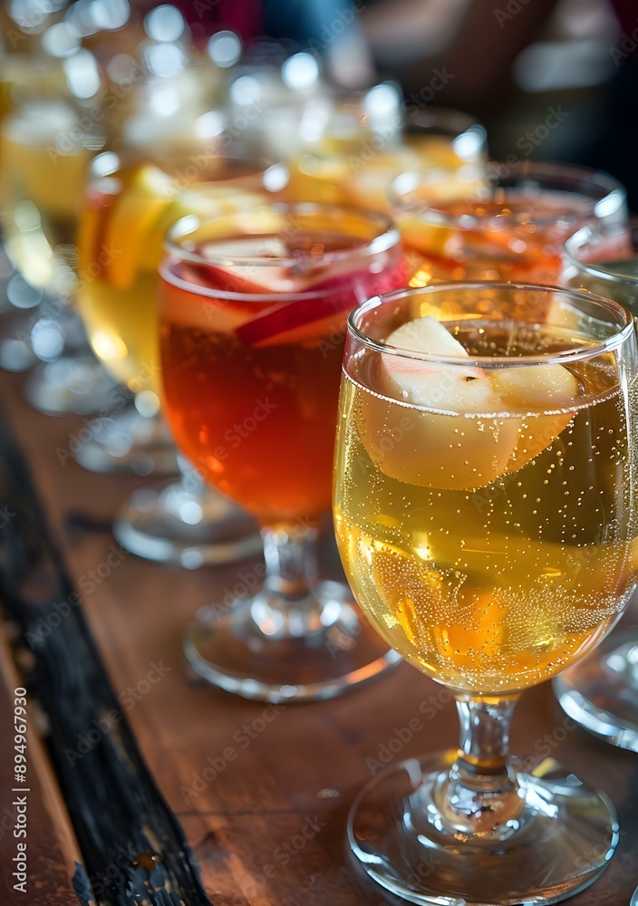 Close Up Of Row Of Glass With Apple Cider
