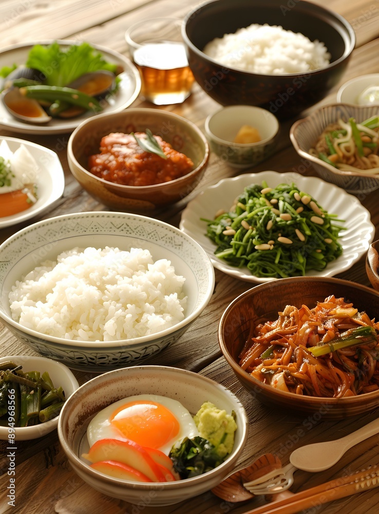 Japanese Food Table Setting with Rice, Fried Egg and Side Dishes Japanese Food Table Setting with Rice, Fried Egg and Side Dishes