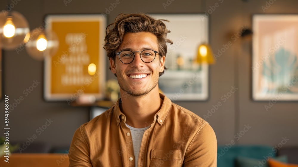 Fototapeta premium a smiling new generation employee, standing in front of a stylish and cozy workspace with comfortable seating, motivational posters, and a collaborative environment.