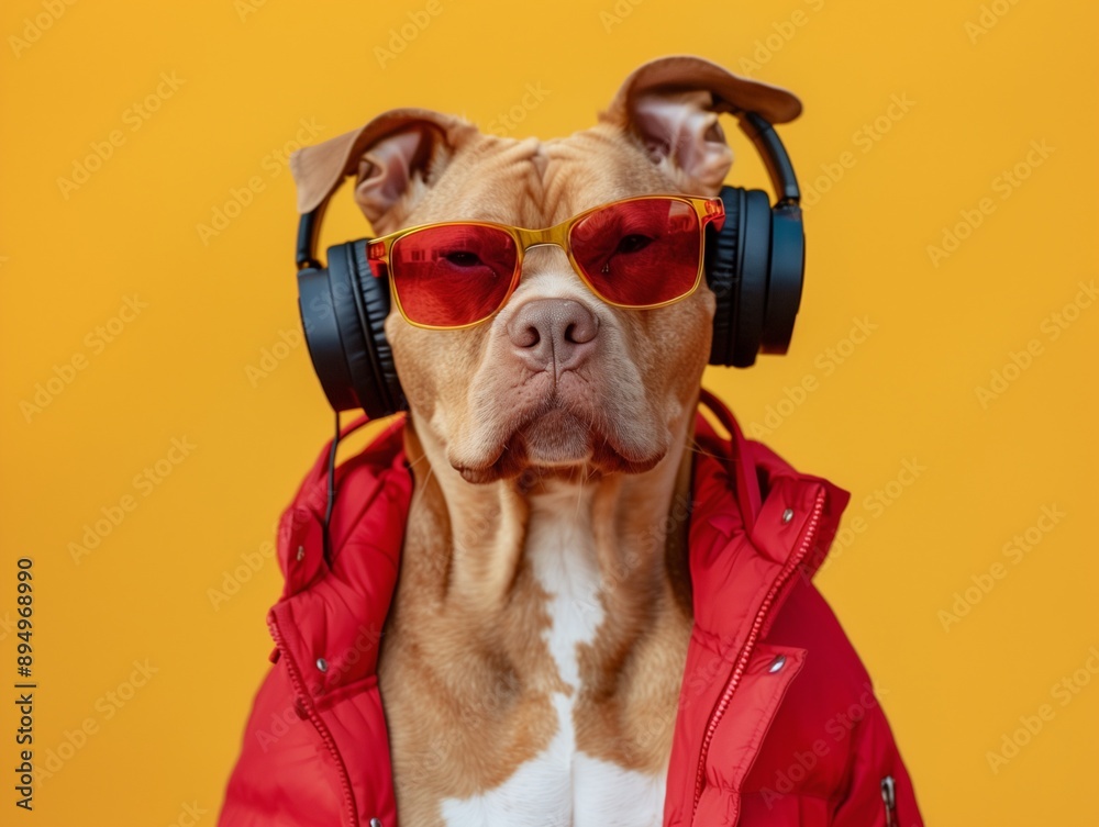 dog wearing a red hat A cute dog wearing glasses plays various sports, windsurfing, skateboard, surfboard, wearing headphones and listening to music No.26