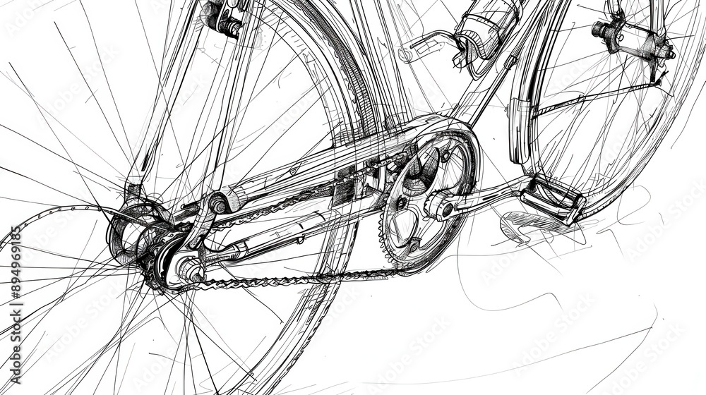 Obraz premium Illustration of a bicycle sketch with details, on a white background. The lines are precise and details such as the wheels, chain and handlebars are clearly defined.
