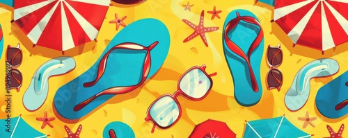 A playful pattern of beach items like flipflops, umbrellas, and sunglasses, Summer, Bright colors, Digital illustration, creating a cheerful and vacationready design photo