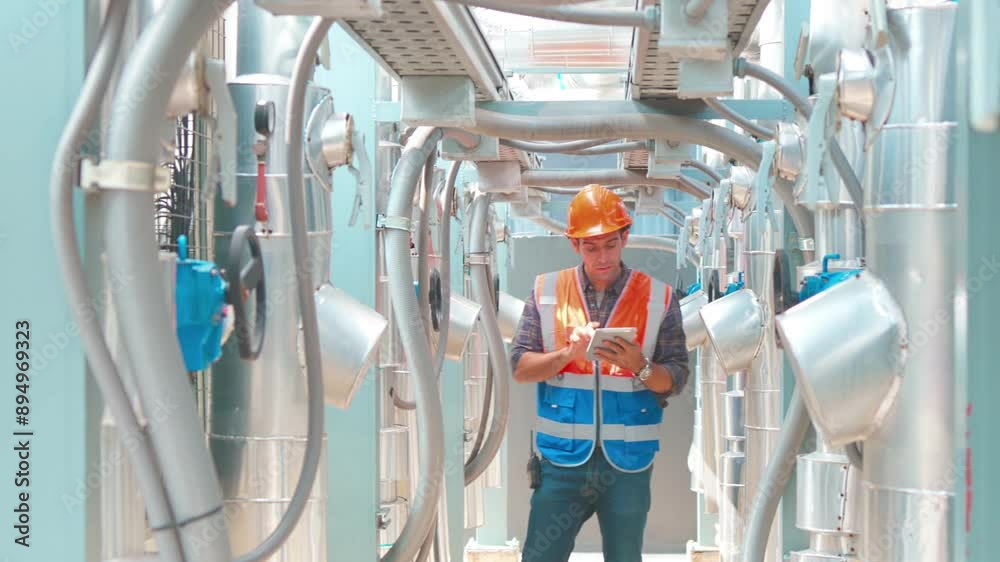 Engineer under checking the industry chilled water fan coil unit air conditioner is water cooling tower air chiller HVAC system of large industrial building to control air systemengineering, construct