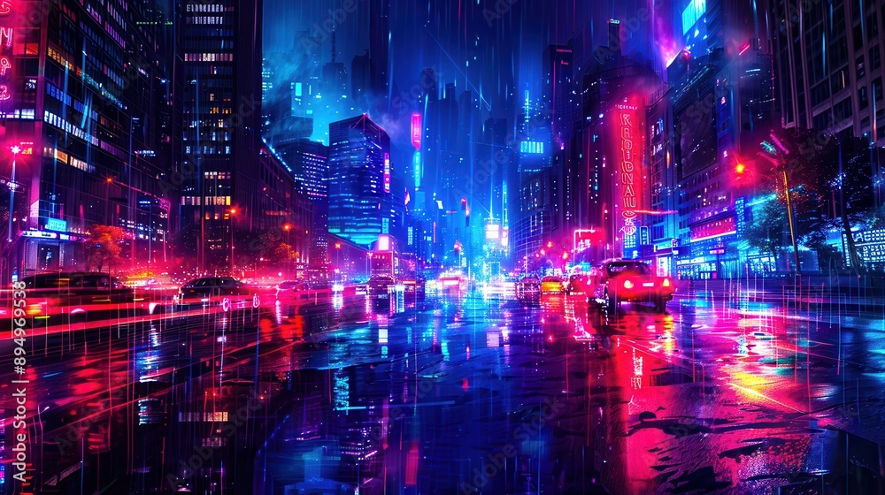 Obraz premium City at night, full of neon lights and tall buildings. Wet streets reflect colorful lights, creating a dynamic, vibrant urban scene. The colors are intense and contrasting.