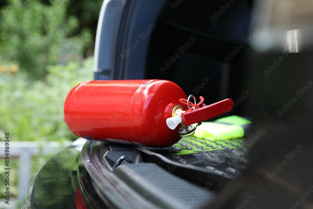 Naklejka premium Red fire extinguisher in trunk. Car safety equipment
