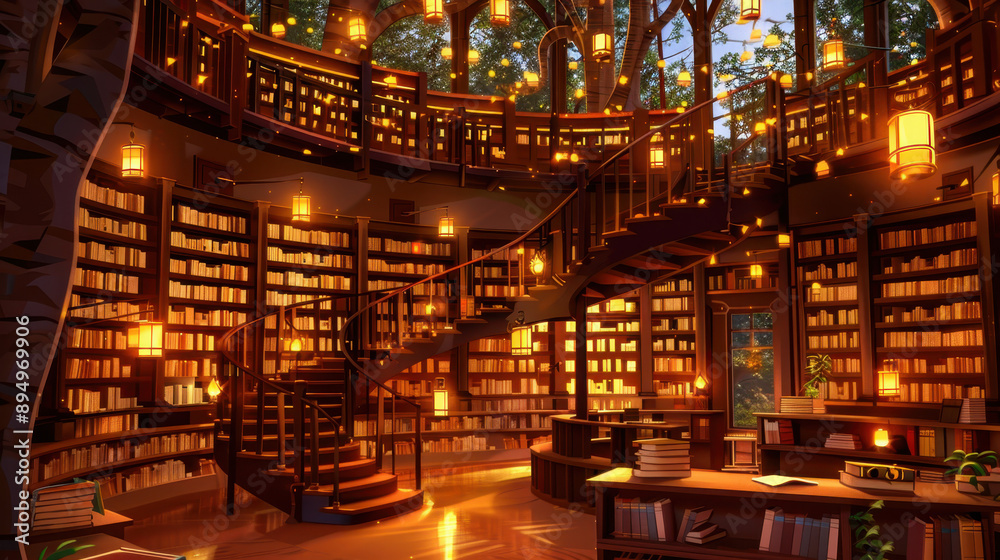 Fototapeta premium Enchanting spiral staircase in a warm, inviting library filled with books and glowing lanterns, surrounded by greenery