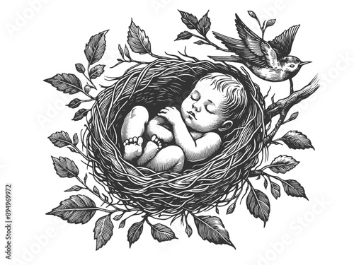 sleeping baby curled up in a bird nest with a bird perched nearby. Peaceful and serene scene sketch engraving generative ai vector illustration. Scratch board imitation. Black and white image.