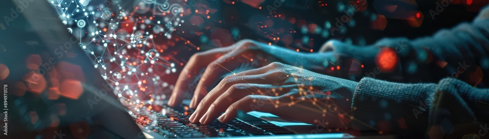 A person typing on a laptop with digital data and network icons floating above, Futuristic, Cool tones, Digital painting, emphasizing the integration of technology in everyday life