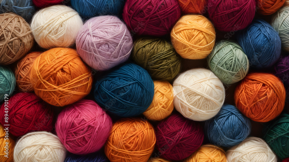 Colored balls of yarn top view. Generative AI Colored balls of yarn top view. Generative AI