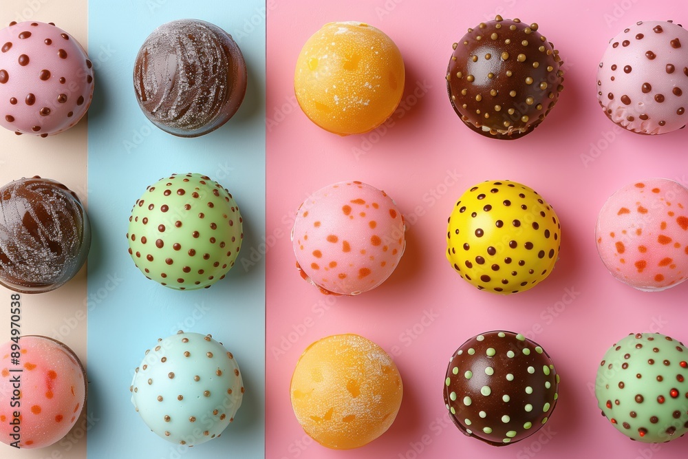 Colorful mochi displayed on a pastel background Colorful mochi displayed on a pastel background