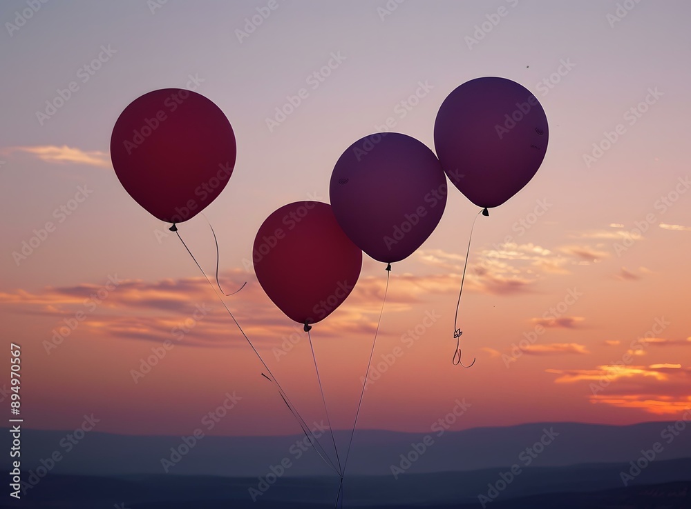 Fototapeta premium Four Balloons Floating in the Sunset Sky