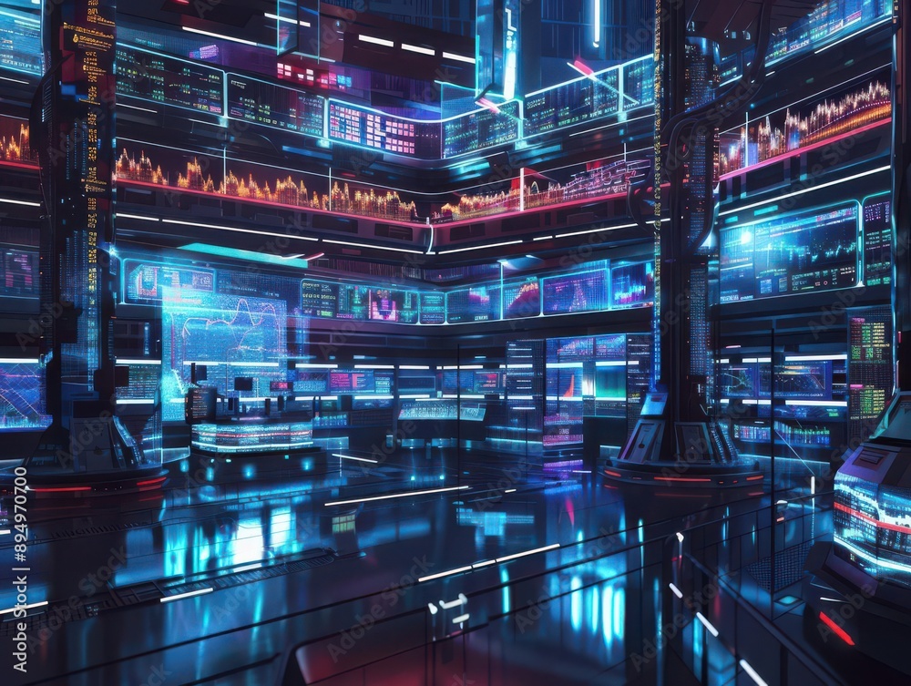 A futuristic stock exchange floor with digital screens displaying market data and holographic interfaces A futuristic stock exchange floor with digital screens displaying market data and holographic interfaces