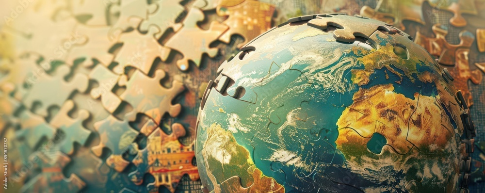 Fototapeta premium A globe made of puzzle pieces, with some pieces scattered around, Conceptual, Soft tones, Digital painting, symbolizing global unity and the complexity of world affairs