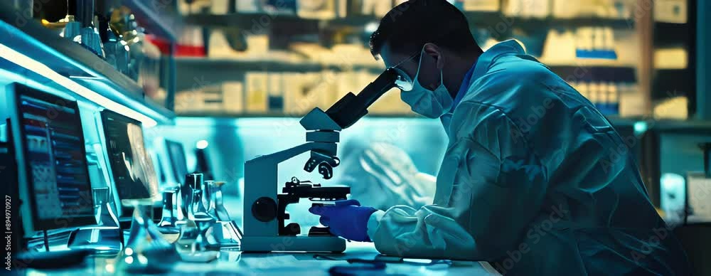 Scientist Working in a Laboratory with a Microscope