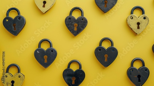 Symbol of love Heart shaped locks on yellow background top view