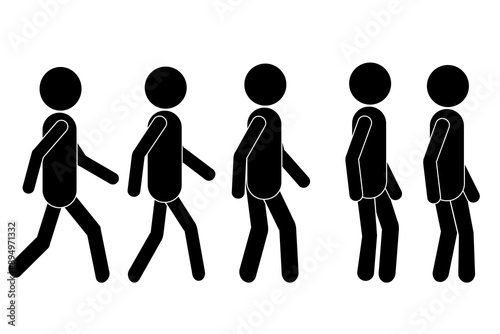 Stickman various walking positions vector illustration icon set. Stick figure person sequence walk symbol sign silhouette pictogram