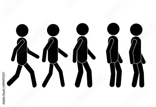Stickman various walking positions vector illustration icon set. Stick figure person sequence walk symbol sign silhouette pictogram