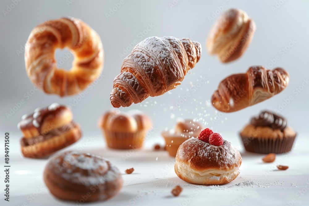 Delicious pastries floating in mid-air with powdered sugar