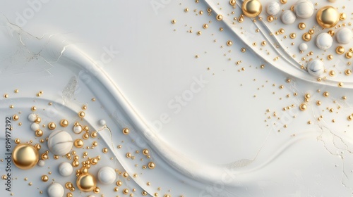 Abstract white and gold background with textured waves and scattered spheres. photo